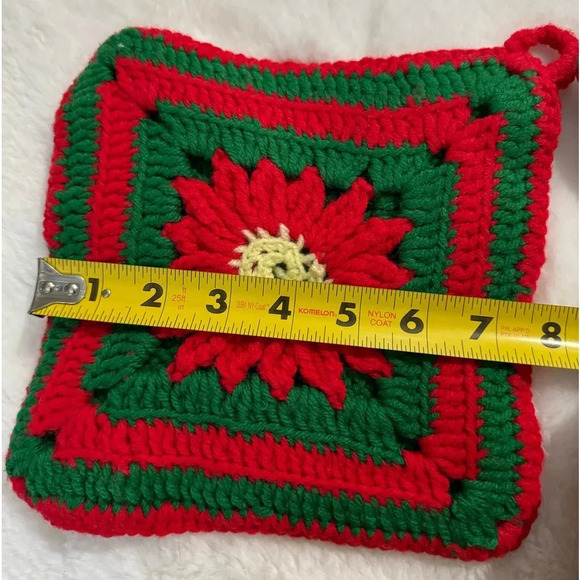 Vintage Christmas Handmade Pot Holders Crocheted Poinsettia & Teddy Bear Drummer - Picture 7 of 9